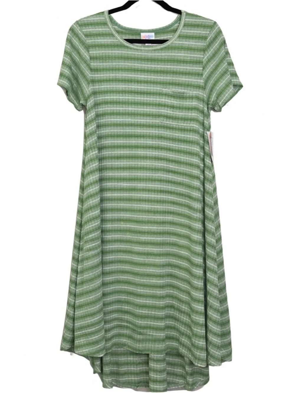 LuLaRoe NWT Carly Dress L Green Stripe Pocket short sleeve flowy - Picture 1 of 6